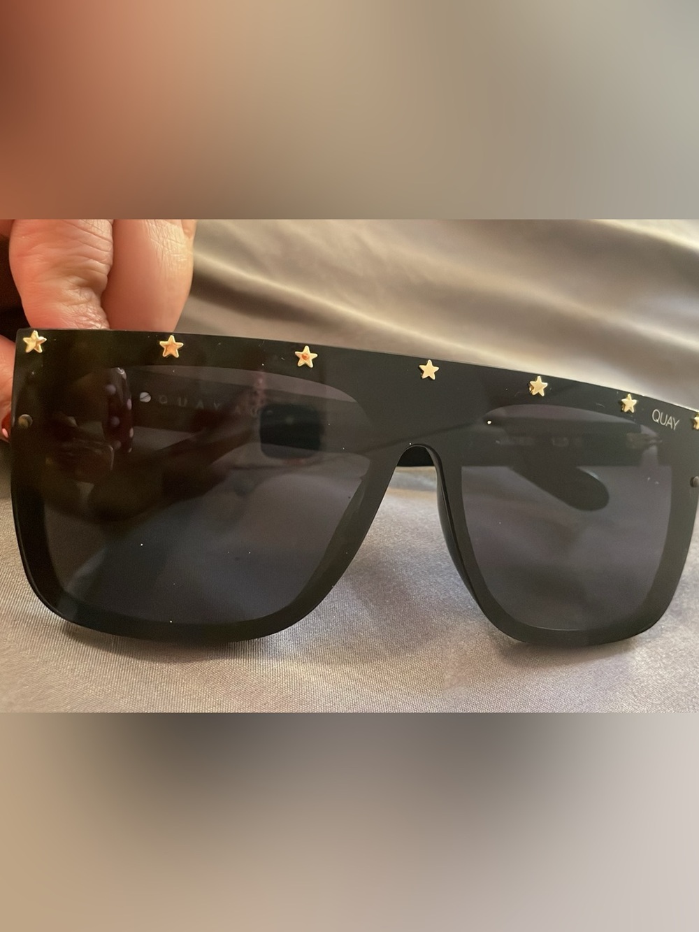 Quay Australia Black Shield Sunglasses with Gold Star Studs